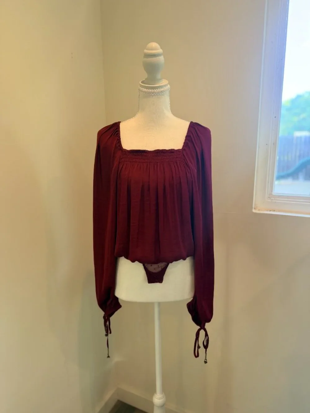 Free People Another Round Long Sleeve Bodysuit Burgundy Red Size XS
